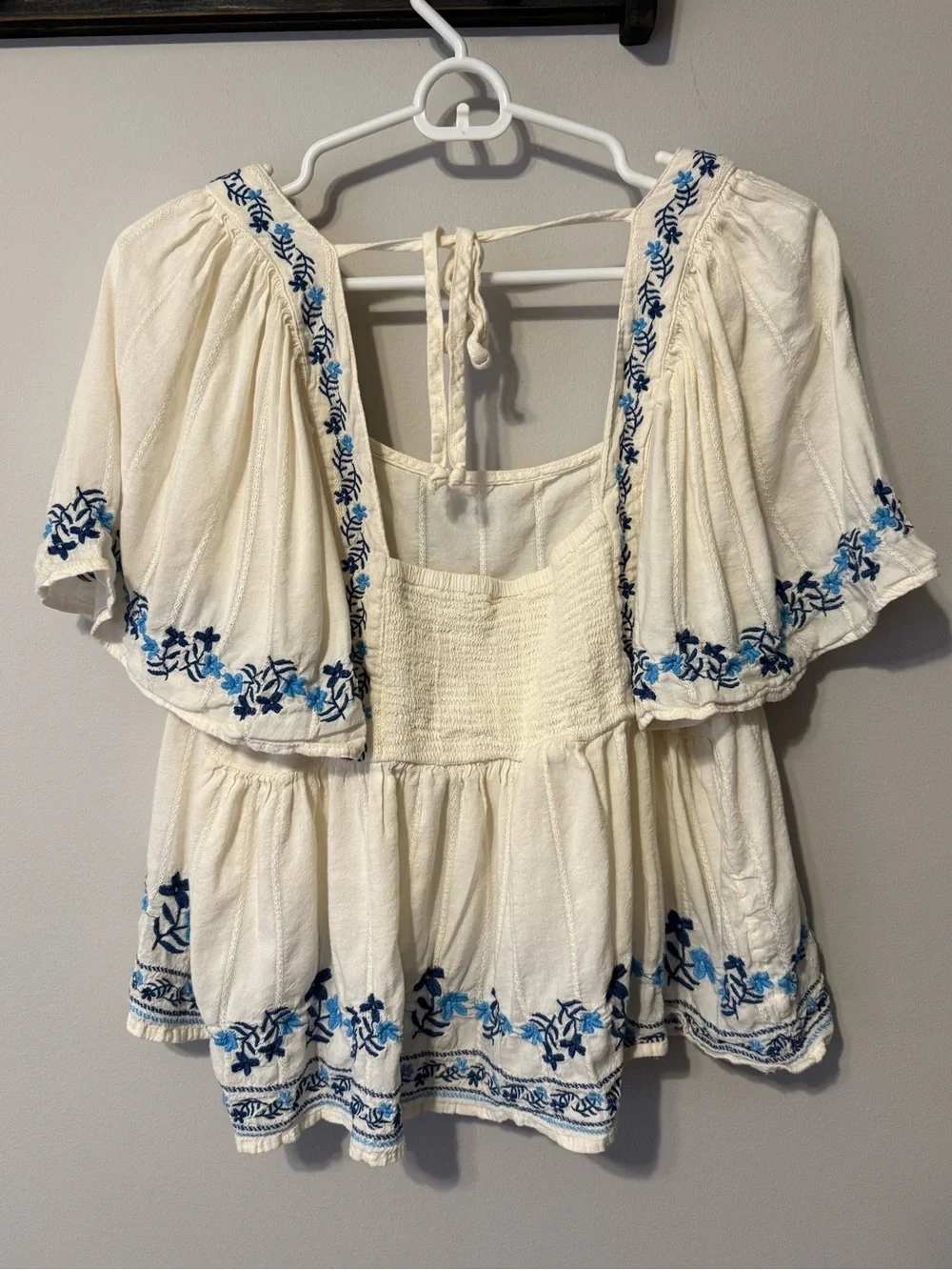 Old Navy Cream Peasant Top with Blue Floral Embroidery